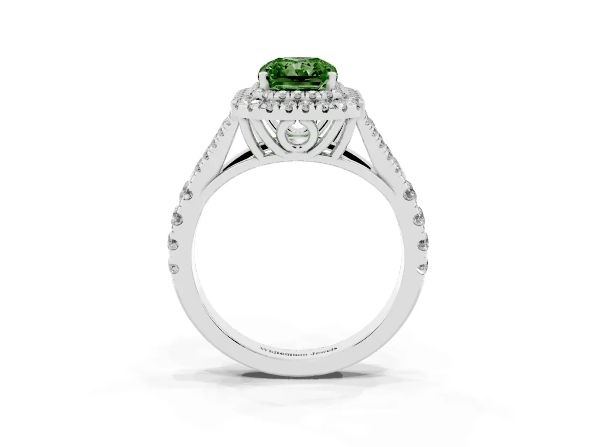 Fancy Green Radiant Cut Diamond Pavé Split Shank Double Halo Engagement Ring Silver