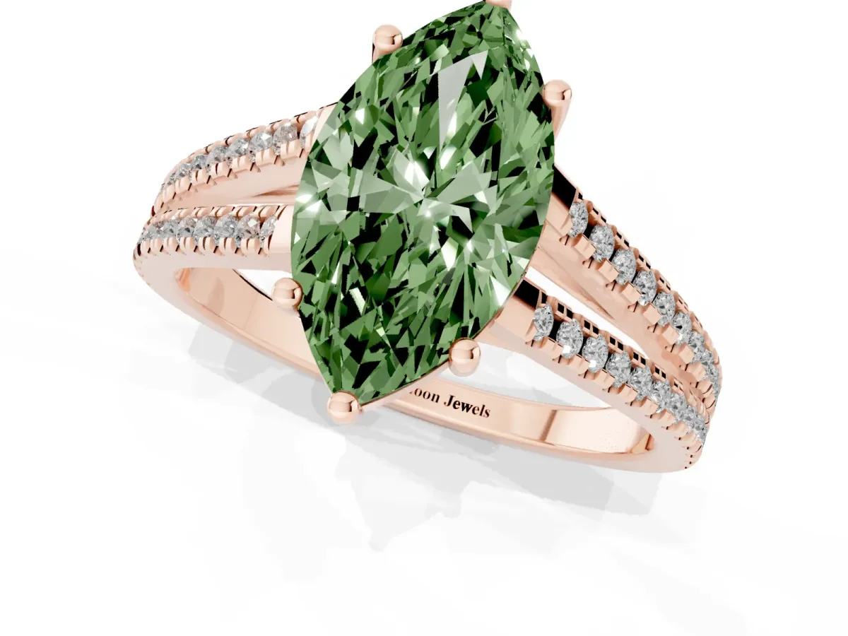 Fancy Green Marquise Cut Diamond Solitaire Engagement Ring with Split Shank Pavé Band Rose gold