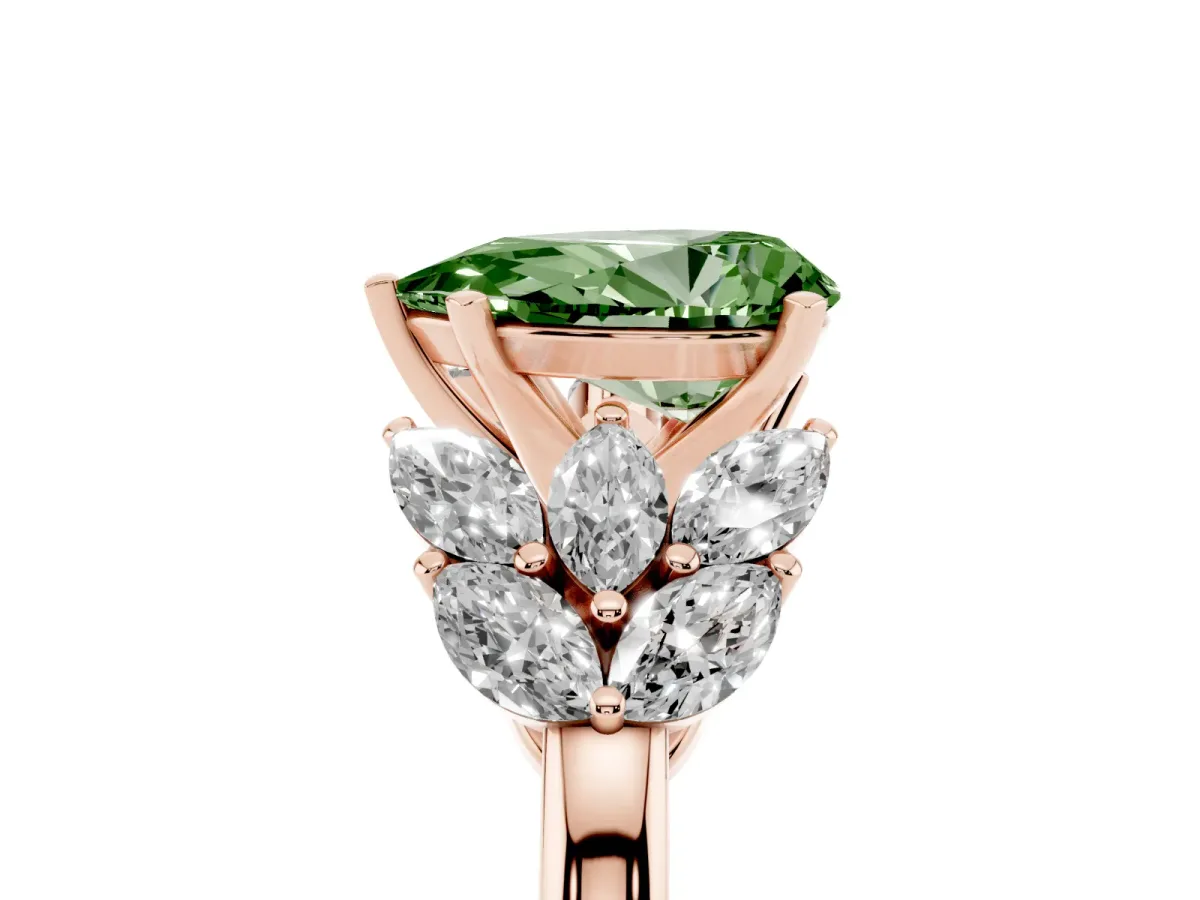 Fancy Green Pear Cut Diamond Cluster Leaf Design Ring with Prong Setting Rose gold