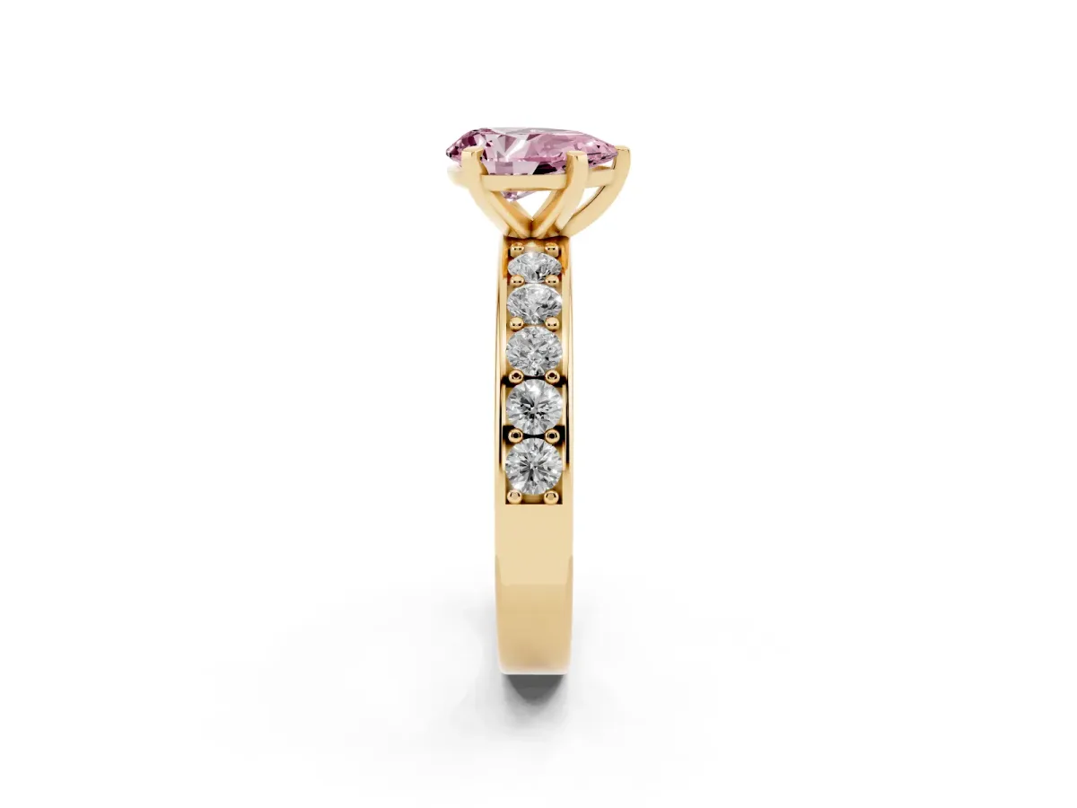 Fancy Pink Pear Cut Diamond Engagement Ring with Channel Set Round Band and Prong Setting Yellow gold