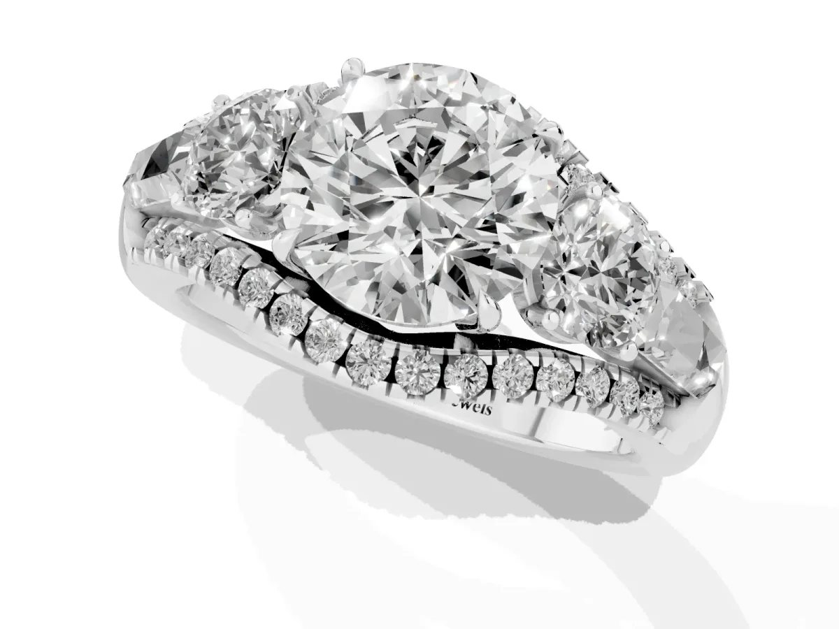 Three-Stone Round Cut Diamond Engagement Ring with Pave Band and Prong Setting Platinum