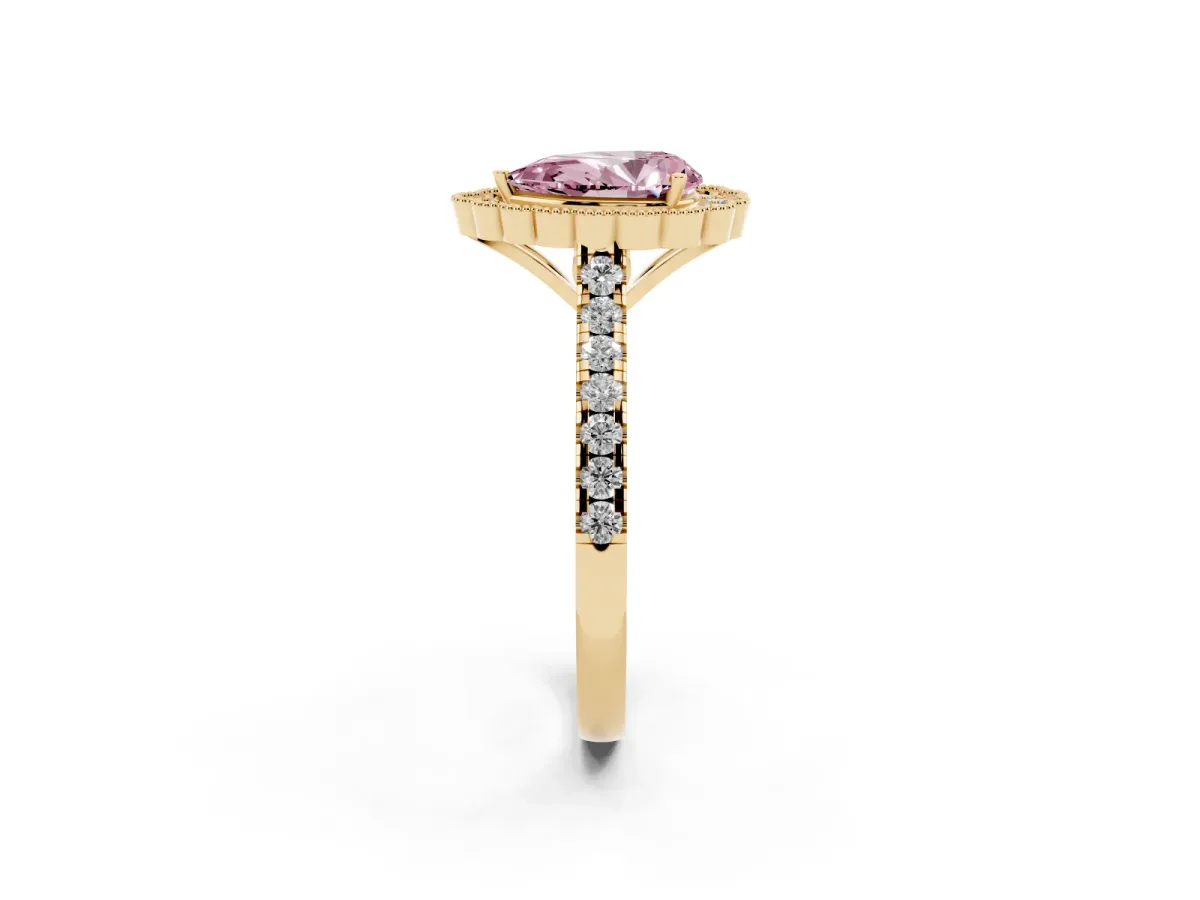 Fancy Pink Pear Cut Cut Diamond Milgrain Floral Halo Engagement Ring with Pavé Band Yellow gold