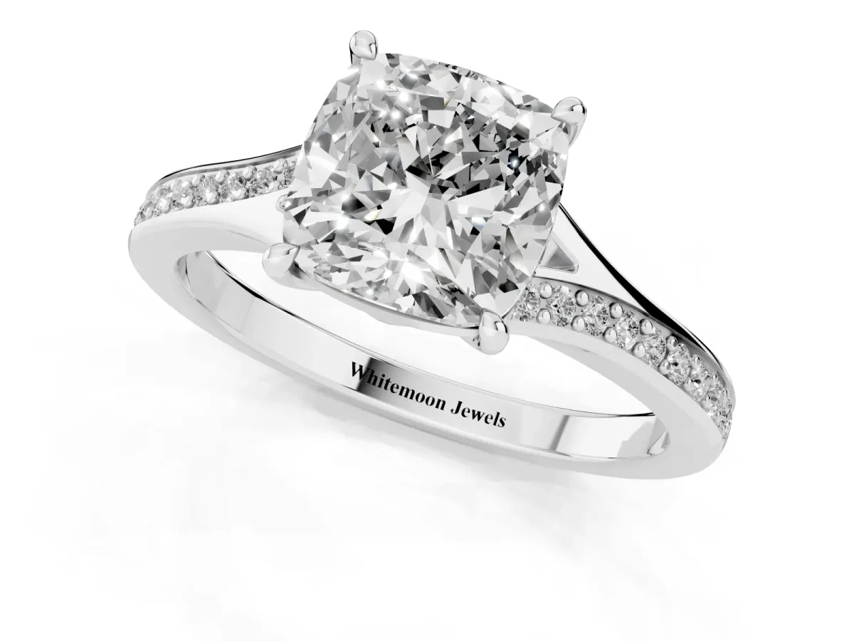 Cushion Cut Diamond Solitaire Ring with Pavé Band and Prong Setting Silver