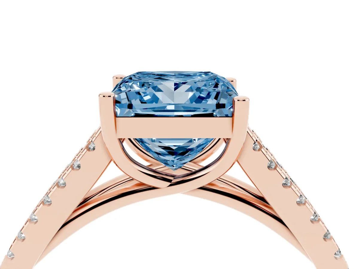 Fancy Blue Princess Cut Diamond Solitaire Engagement Ring with Split Shank Pavé Band Rose gold