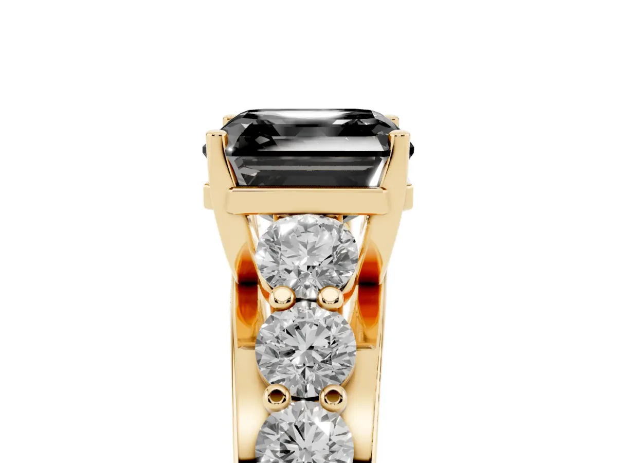 Fancy Black Asscher Cut Diamond Engagement Ring with Pavé Band and Four-Prong Setting Yellow gold
