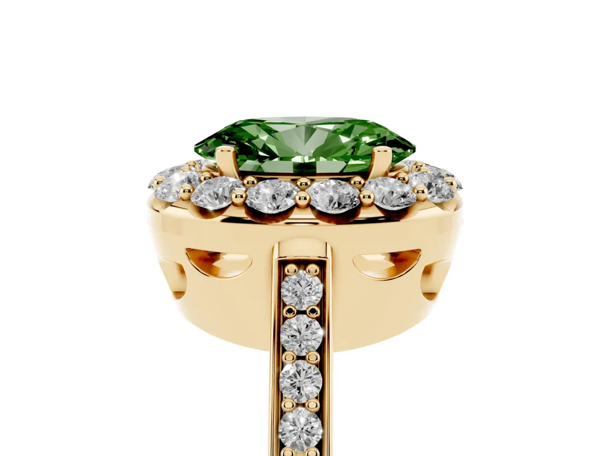 Fancy Green Oval Cut Diamond Floral Halo Ring with Pavé Band and Prong Setting Yellow gold