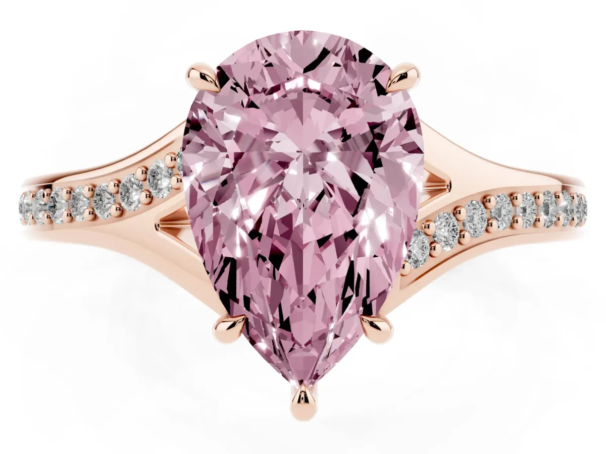 Fancy Pink Pear Cut Diamond Solitaire Ring with Pavé Band and Prong Setting Rose gold