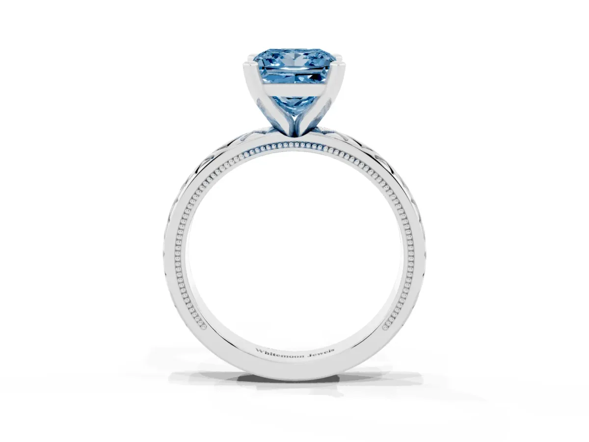 Fancy Blue Princess Cut Solitaire Diamond Ring with Milgrain and Black Enamel X Pattern Band Silver
