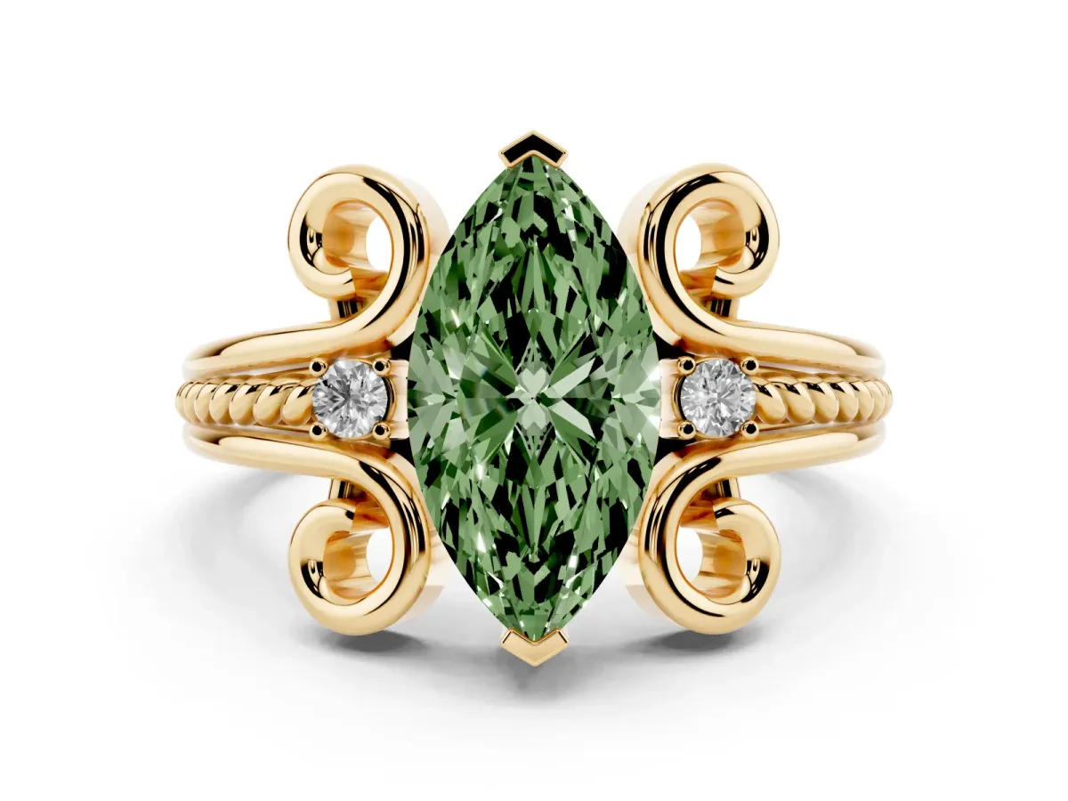 Fancy Green Marquise Cut Solitaire Twisted Band Scroll Prong Ring Yellow gold