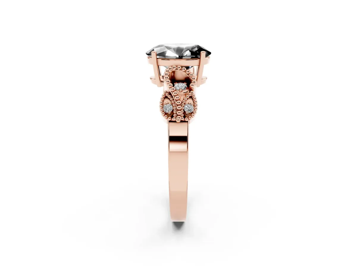 Fancy Black Oval Cut Solitaire Milgrain Leaf Band with Prong Setting Rose gold