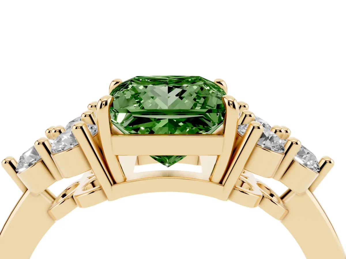 Fancy Green Princess Cut Brilliant Diamond Cluster Accent Solitaire Ring with Prong Setting Yellow gold