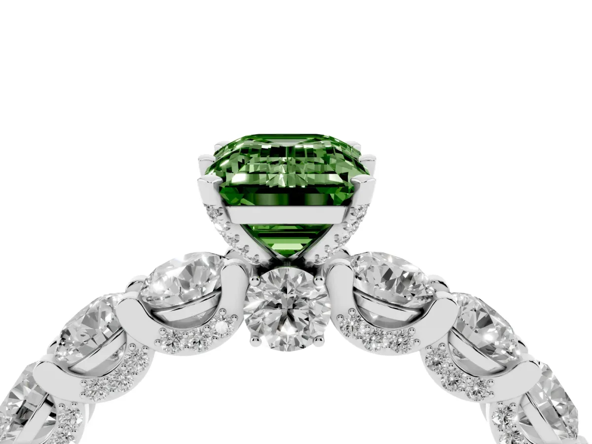Fancy Green Emerald Cut Diamond Side Stone Engagement Ring with Four-Prong Setting Silver