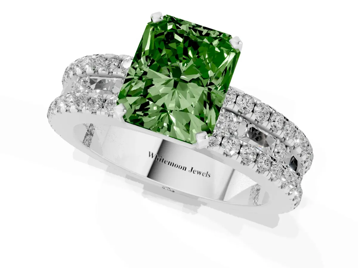 Fancy Green Radiant Cut Diamond Solitaire Ring with Pavé and Channel Set Band Platinum