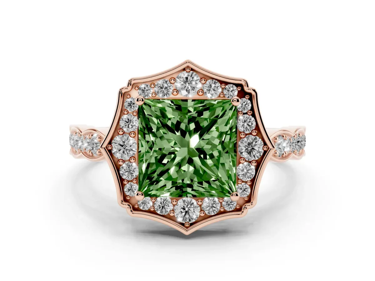 Fancy Green Princess Cut Halo Diamond Engagement Ring with Milgrain Band and Four-Prong Setting Rose gold