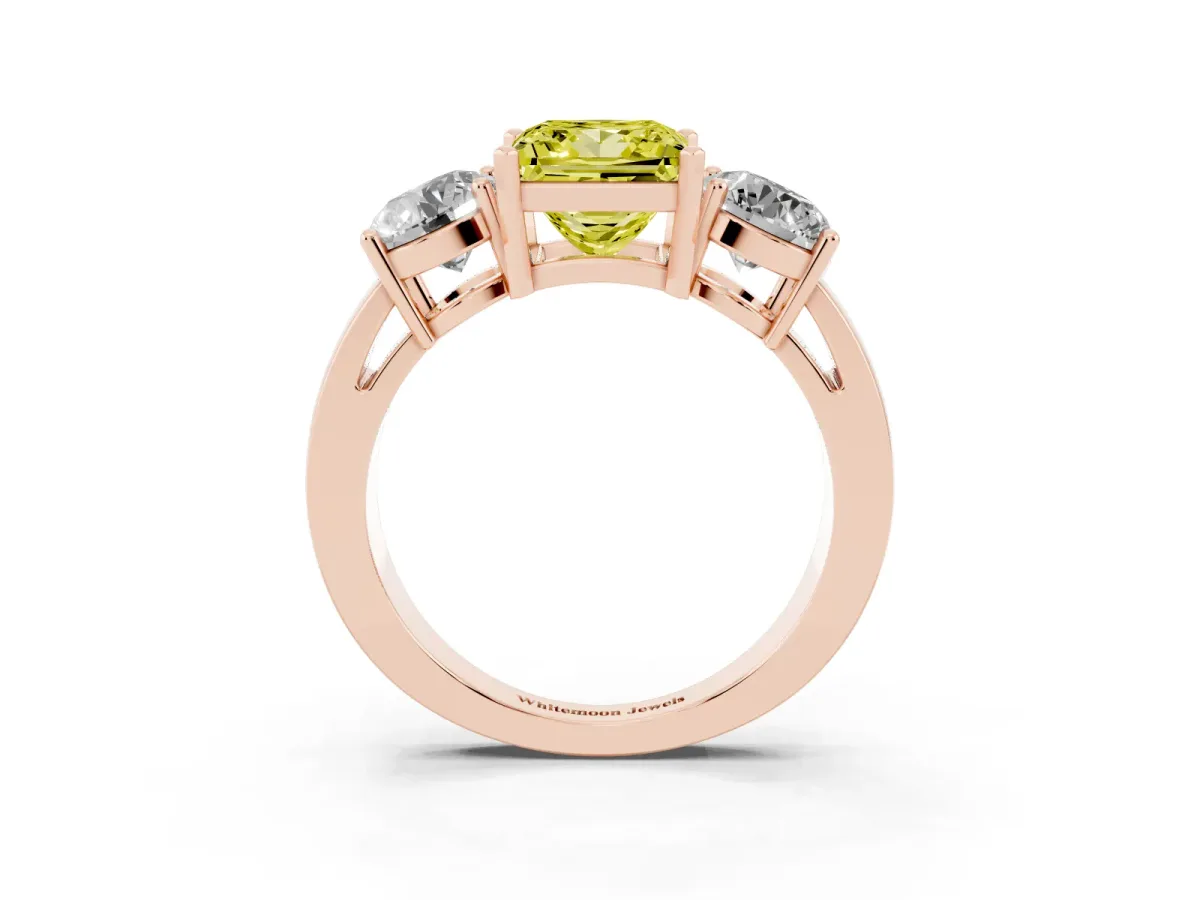 Fancy Yellow Three-Stone Princess Cut Diamond Ring with Round Side Stones, Classic Band, and Four-Prong Setting Rose gold