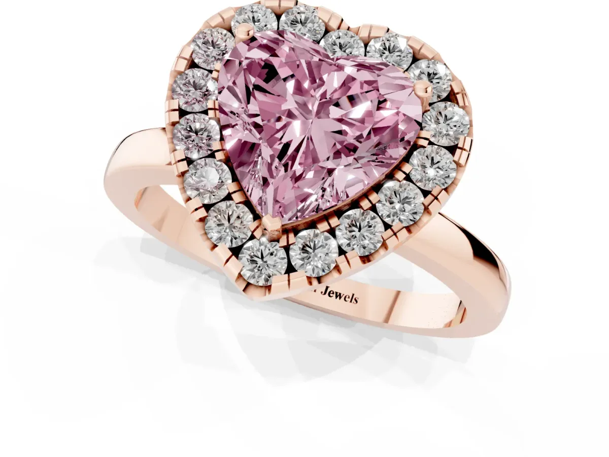 Fancy Pink Heart Cut Halo Diamond Solitaire with Pavé Band and Four-Prong Setting Rose gold