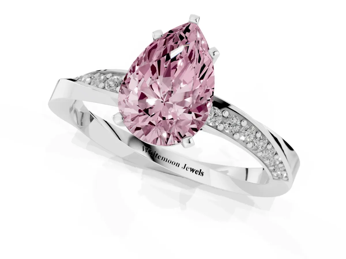 Fancy Pink Pear Cut Diamond Engagement Ring with Side Stone Accents and Four-Prong Setting Silver
