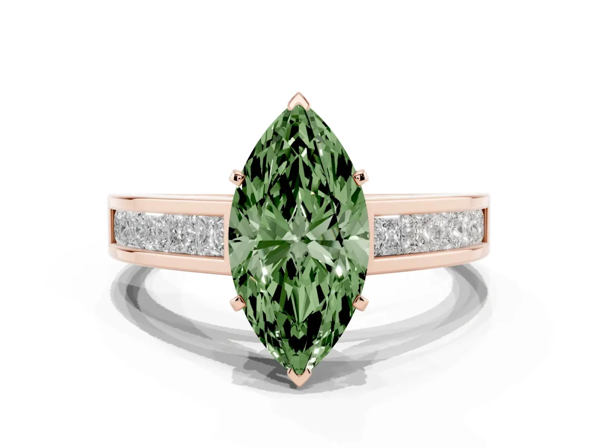 Fancy Green Marquise Cut Solitaire Diamond Ring with Channel-Set Band and Four-Prong Setting Rose gold
