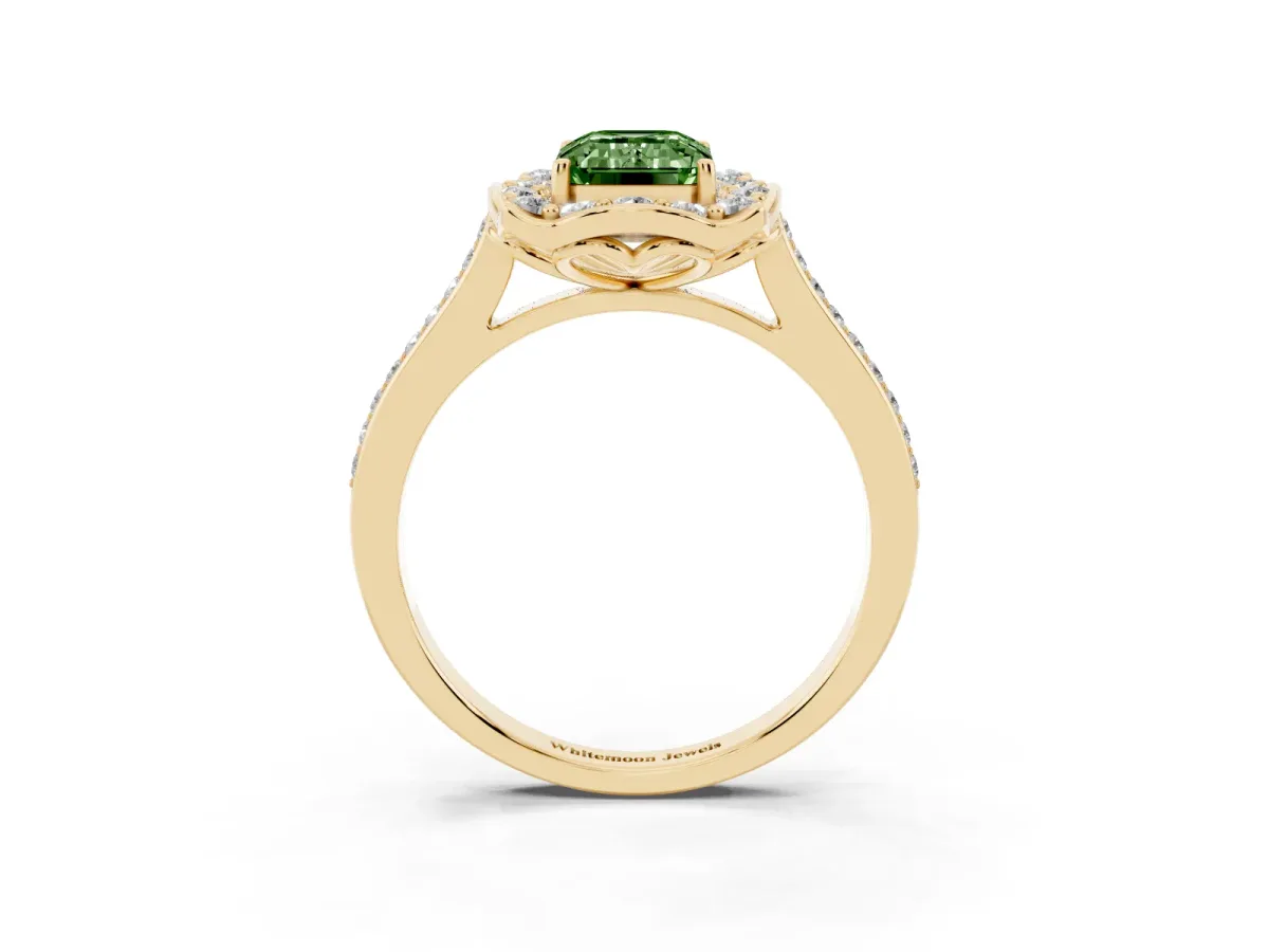 Fancy Green Emerald Cut Halo Round Diamond Pave Band with Four-Prong Setting Yellow gold
