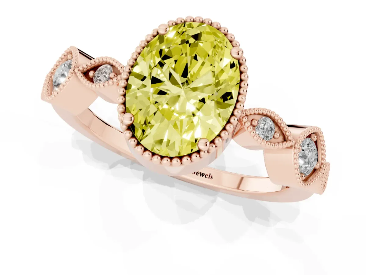 Fancy Yellow Oval Cut Diamond Vintage Milgrain Ring with Round Stations Rose gold