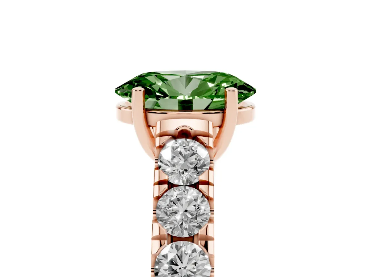 Fancy Green Oval Cut Cut Diamond Solitaire Ring with Micro Pave Band and Prong Setting Rose gold