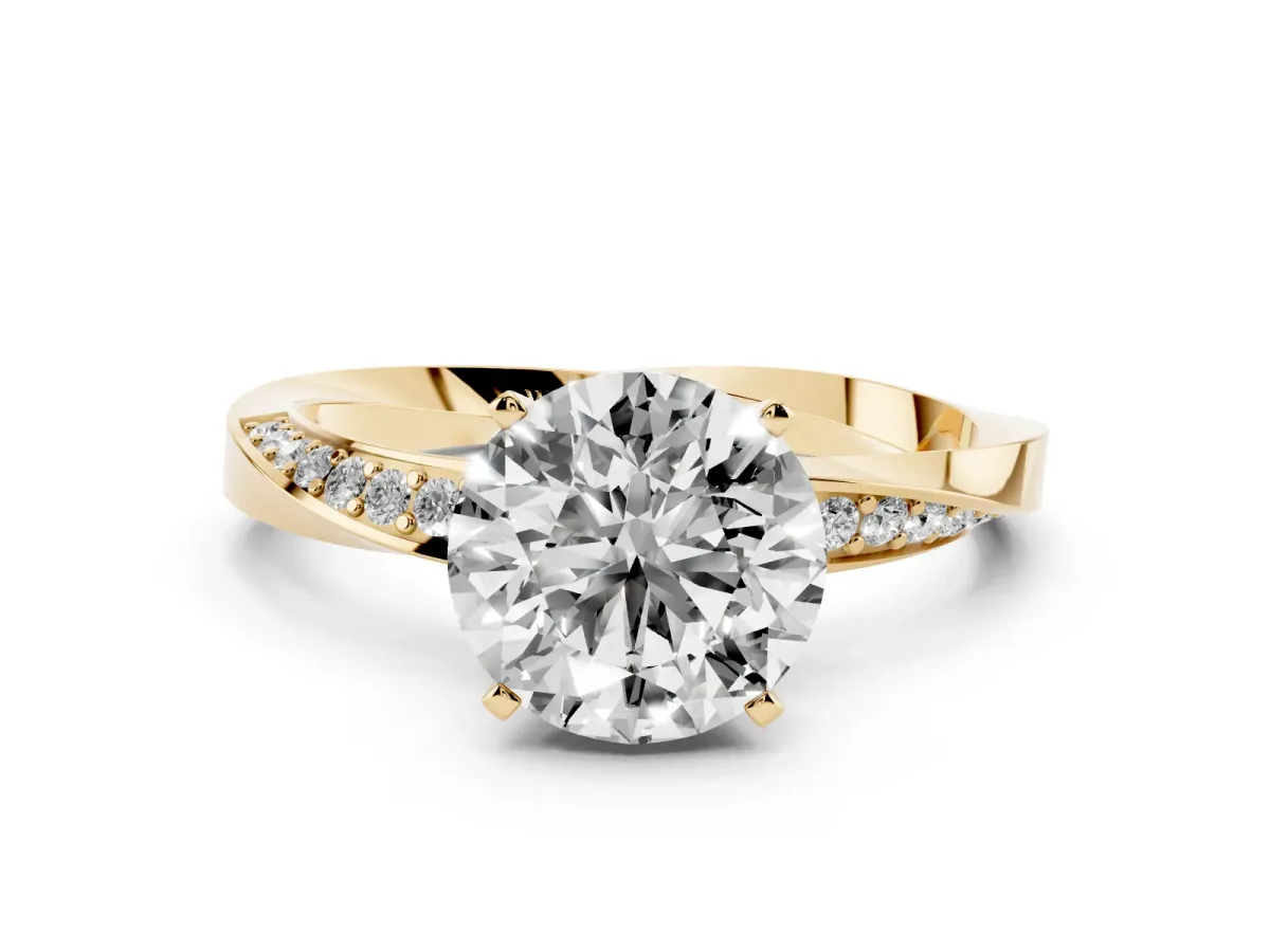 Round Cut Diamond Engagement Ring with Side Stone Accents and Four-Prong Setting Yellow gold