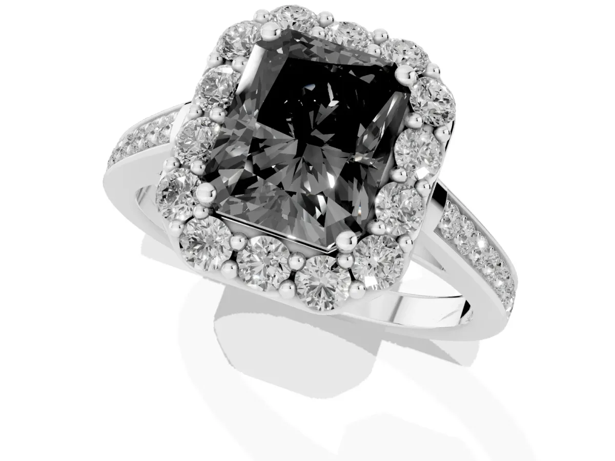 Fancy Black Radiant Cut Diamond Floral Halo Ring with Pavé Band and Prong Setting White gold