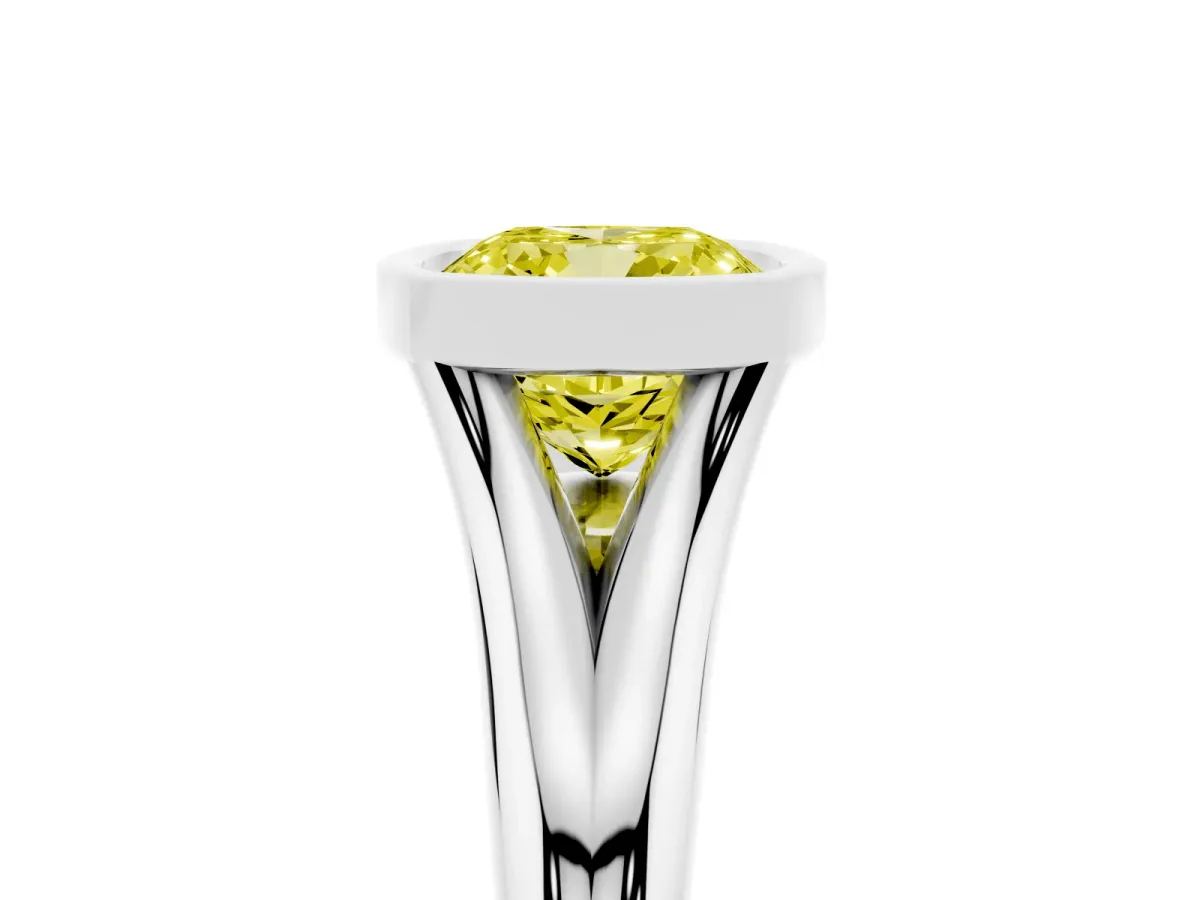 Fancy Yellow Bezel Set Cushion Cut Solitaire Diamond Ring with Smooth Band Silver