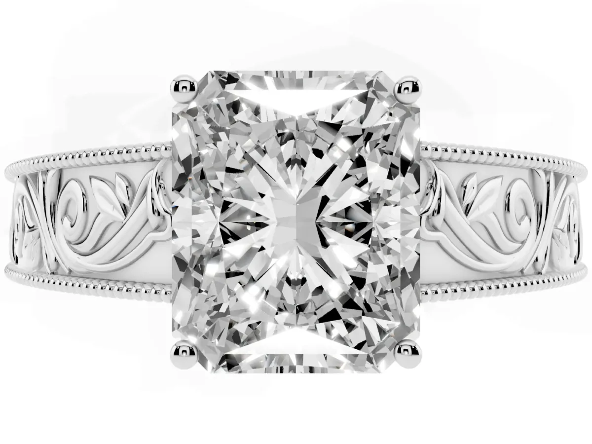 Radiant Cut Diamond Solitaire Ring with Engraved Band and Four-Prong Setting Platinum