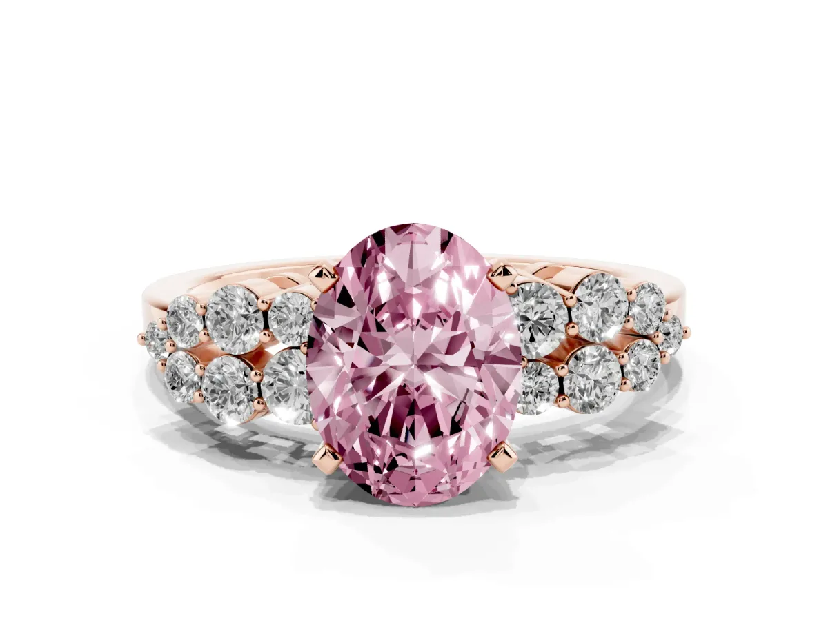 Fancy Pink Oval Cut Cluster Diamond Engagement Ring with Pavé Band and Four-Prong Setting Rose gold