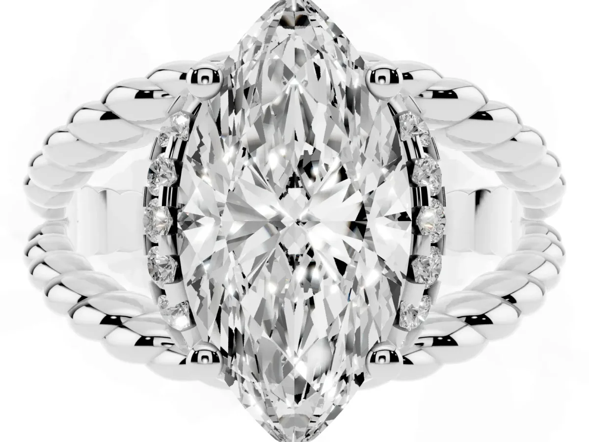 Marquise Cut Halo Twisted Band Four-Prong Ring Silver