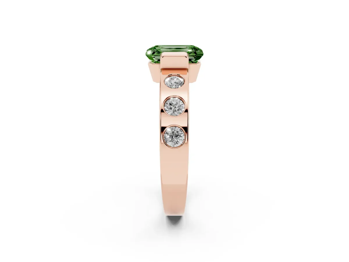 Fancy Green Emerald Cut Brilliant Channel-Set Diamond Ring with Bezel Prong Setting Rose gold