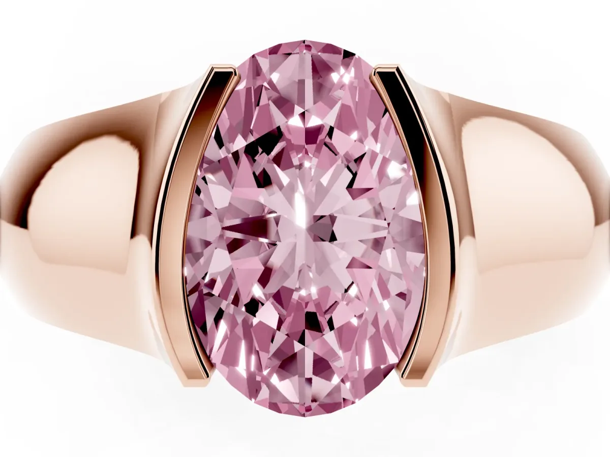 Fancy Pink Oval Cut Solitaire Bezel Set Diamond Ring with Wide Band Rose gold