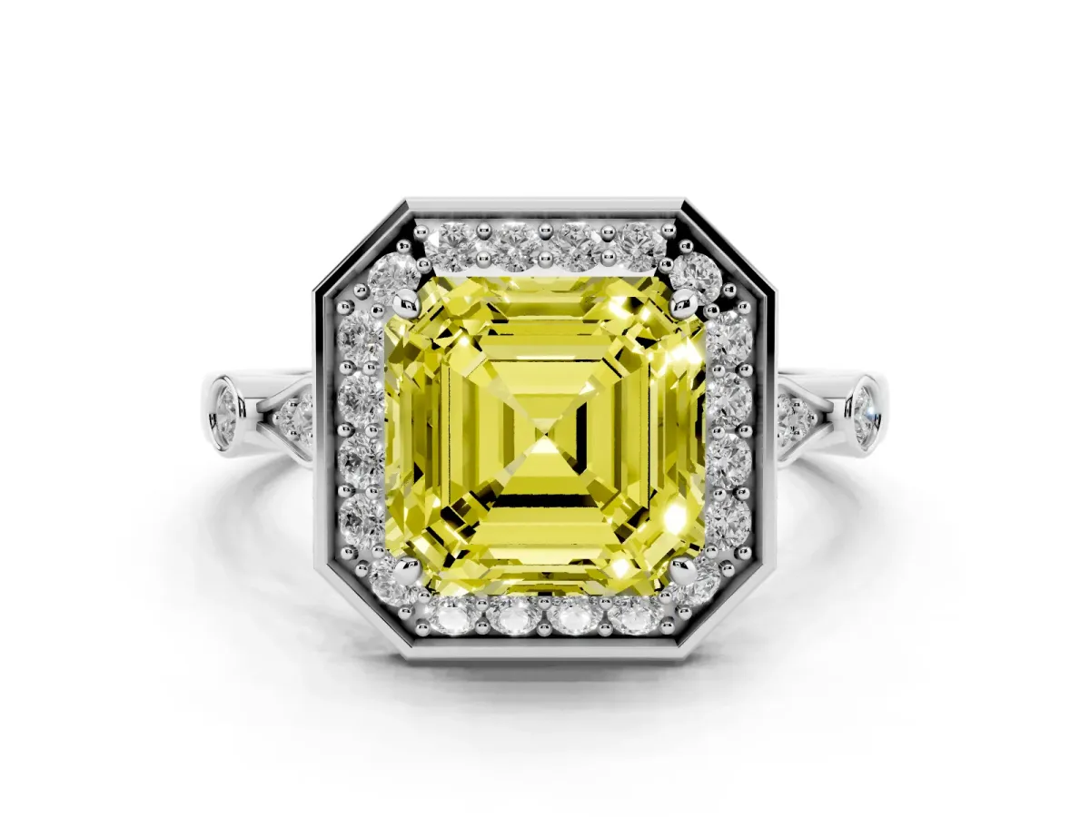 Fancy Yellow Asscher Cut Halo Diamond Engagement Ring with Twisted Band and Four-Prong Setting Silver