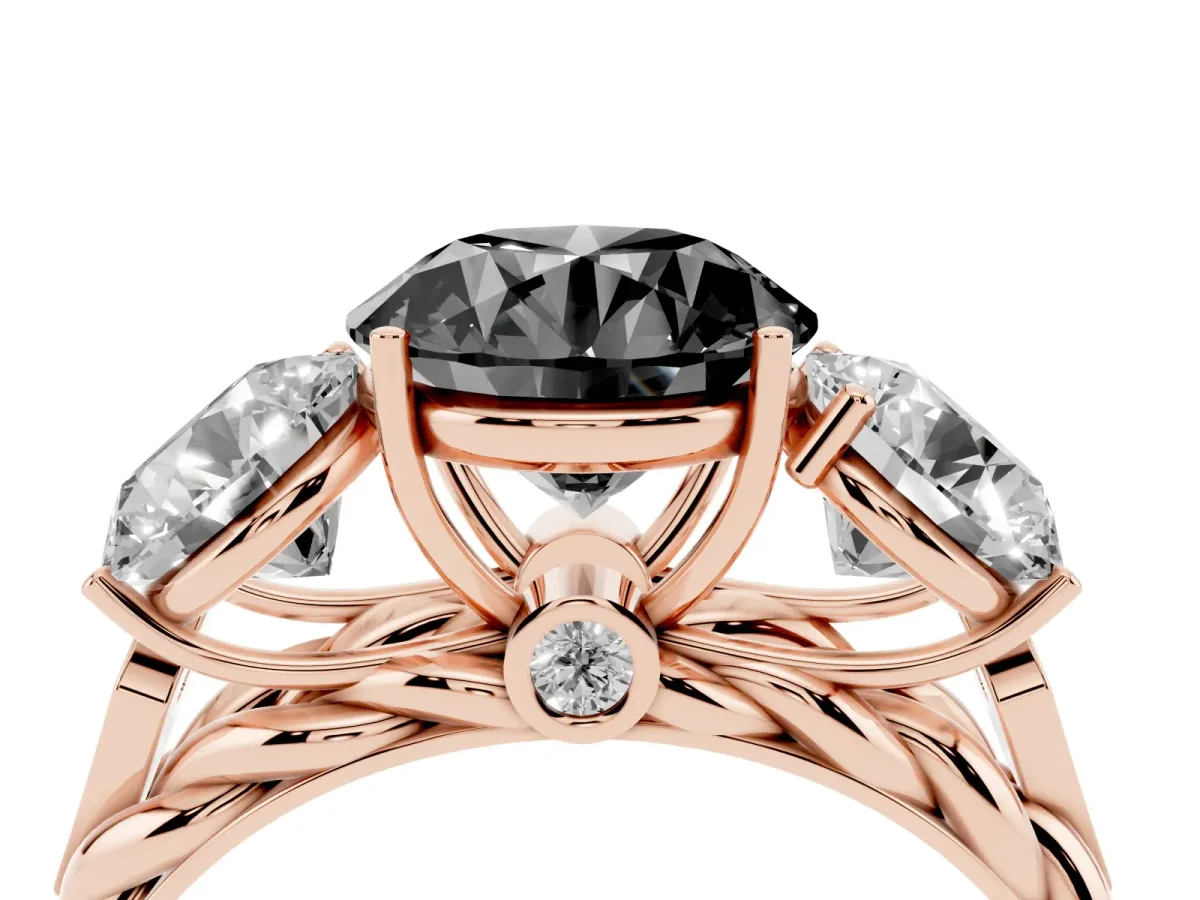Fancy Black Three-Stone Round Cut Diamond Braided Band Ring with Four-Prong Setting Rose gold