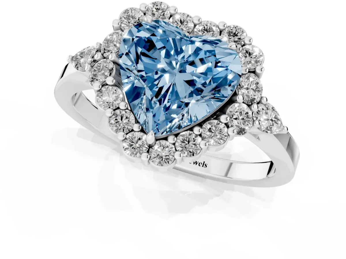 Fancy Blue Heart Cut Diamond Halo Ring with Pear Side Stones and Prong Setting Silver