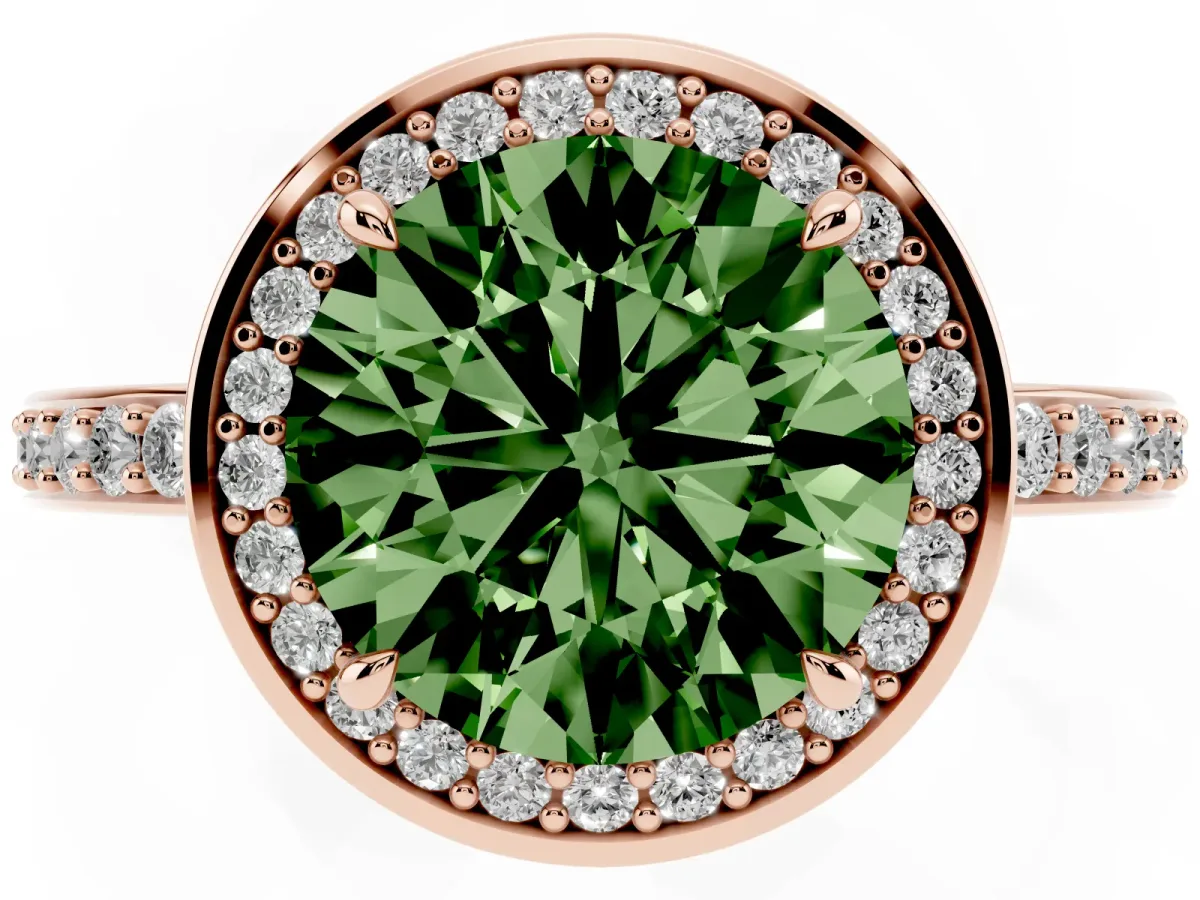 Fancy Green Round Cut Halo Pave Band Solitaire Ring with Prong Setting Rose gold