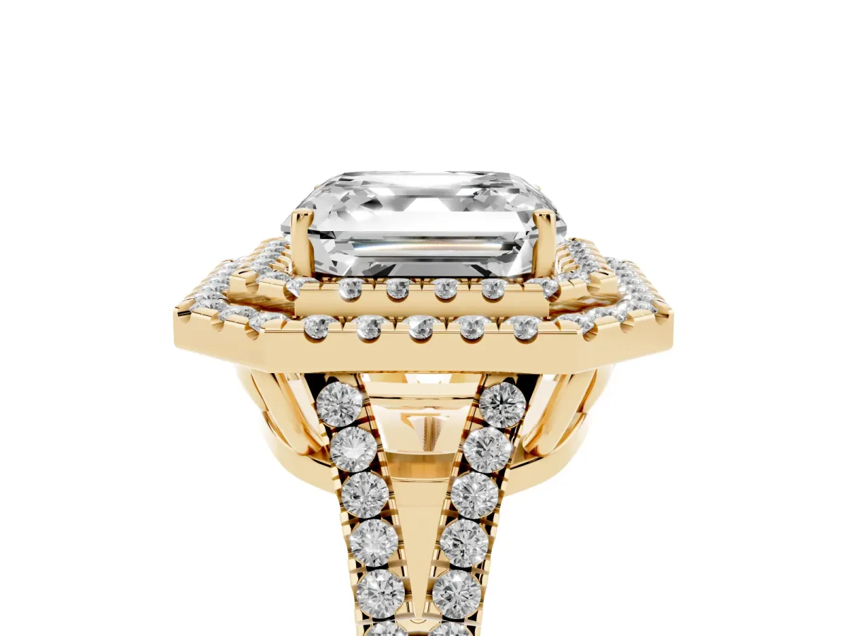 Asscher Cut Diamond Double Halo Ring with Pavé Band and Prong Setting Yellow gold