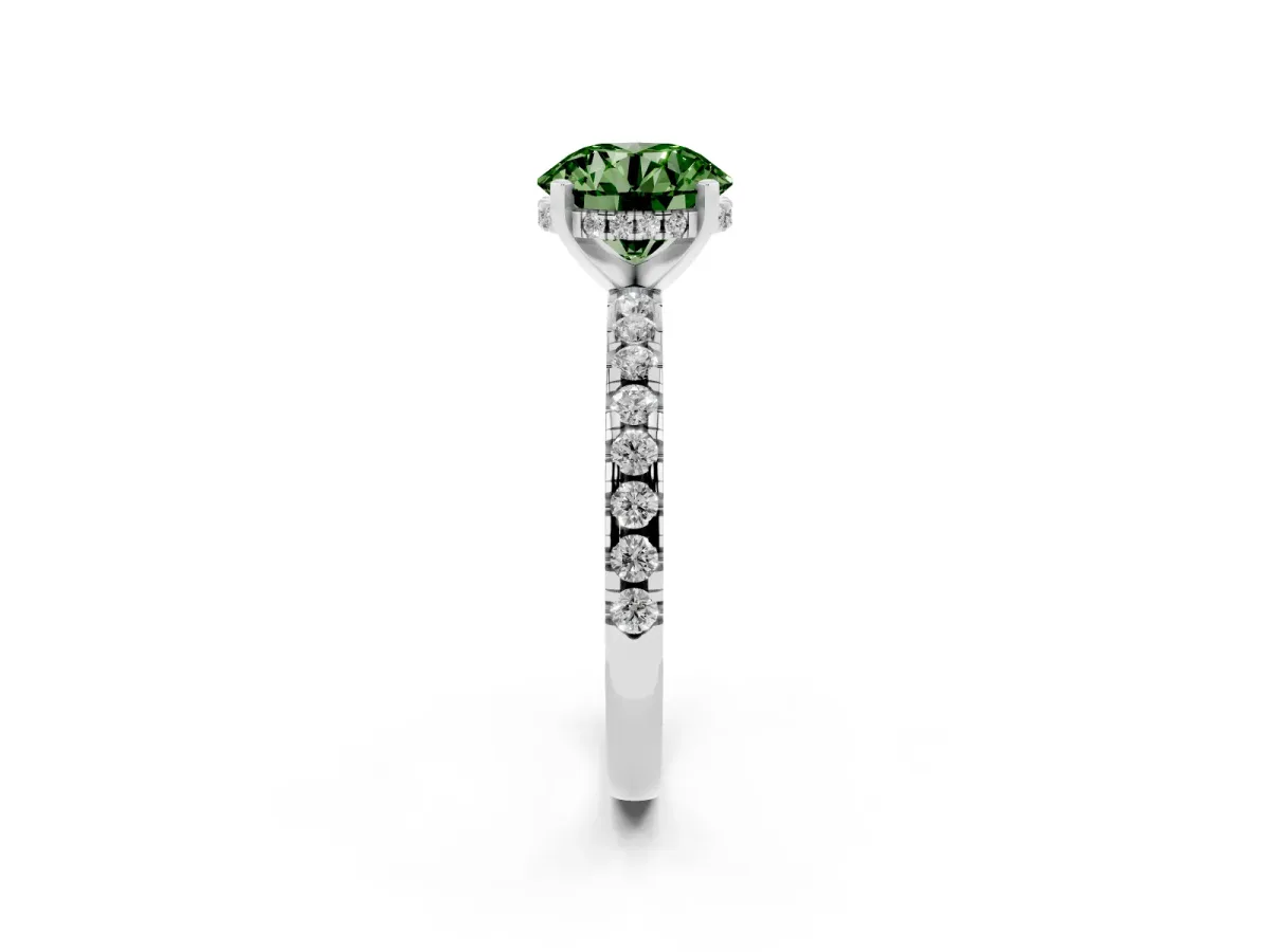 Fancy Green Round Cut Diamond Solitaire Ring with Round Pavé Band and Four-Prong Setting Silver