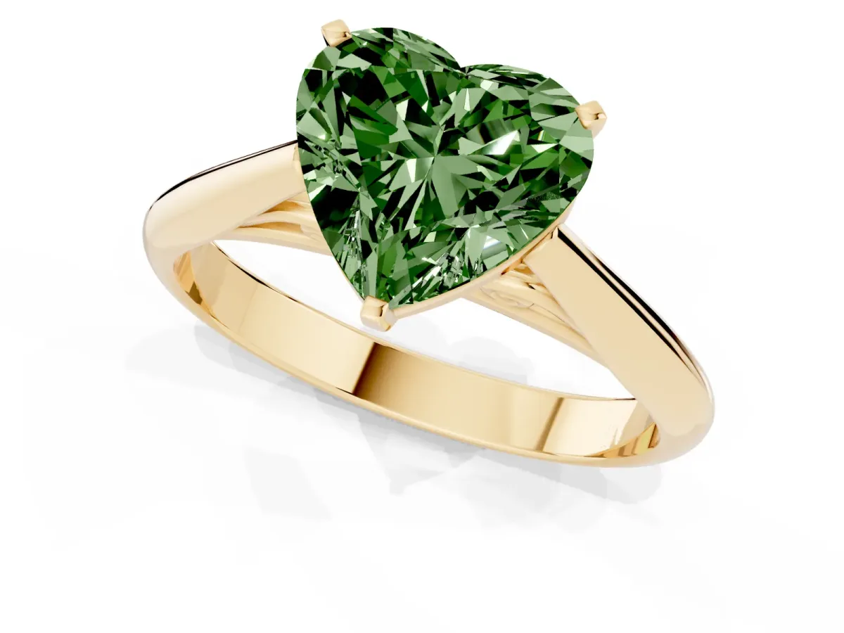 Fancy Green Heart Cut Diamond Solitaire Engagement Ring with Cathedral Setting and Four-Prong Mount Yellow gold