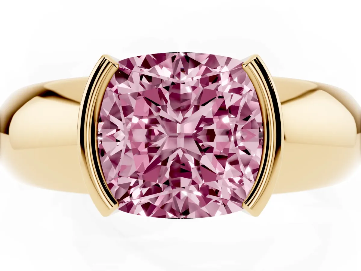 Fancy Pink Cushion Cut Solitaire Tension Set Diamond Ring with Wide Band Yellow gold