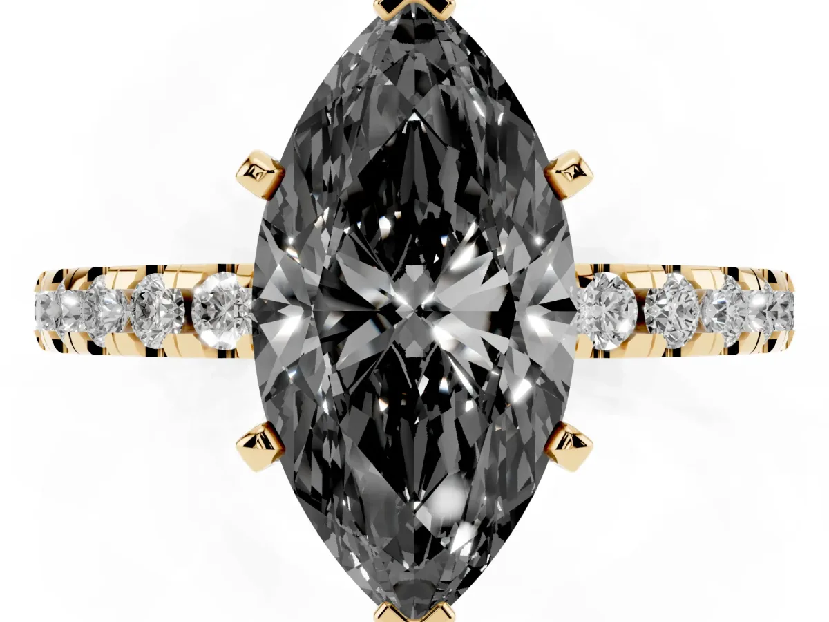 Fancy Black Marquise Cut Diamond Solitaire Ring with Round Pavé Band and Four-Prong Setting Yellow gold