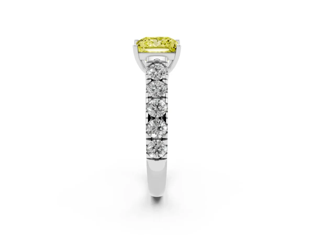 Fancy Yellow Princess Cut Cut Diamond Solitaire Ring with Micro Pave Band and Prong Setting Silver