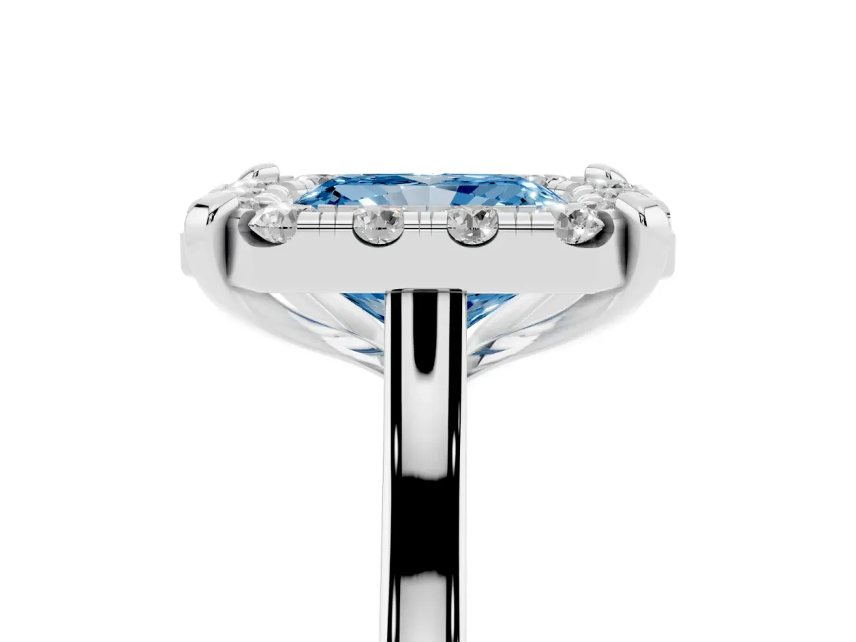 Fancy Blue Radiant Cut Diamond Cluster Halo Solitaire with Four-Prong Setting Platinum