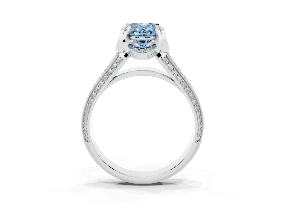 Fancy Blue Oval Cut Solitaire Pave Split Shank Ring with Four-Prong Setting White gold