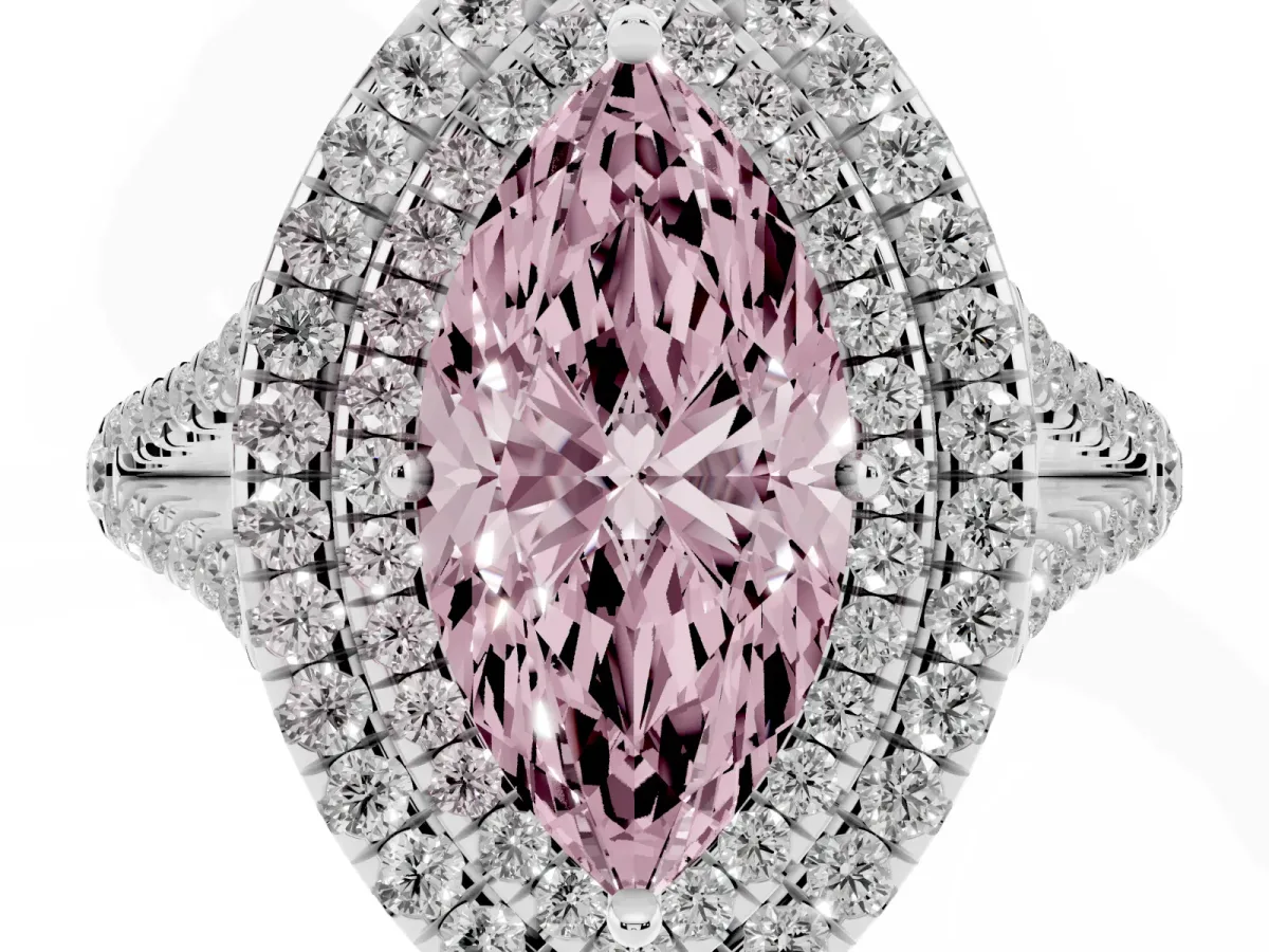 Fancy Pink Marquise Cut Diamond Double Halo Ring with Pavé Band and Prong Setting Silver
