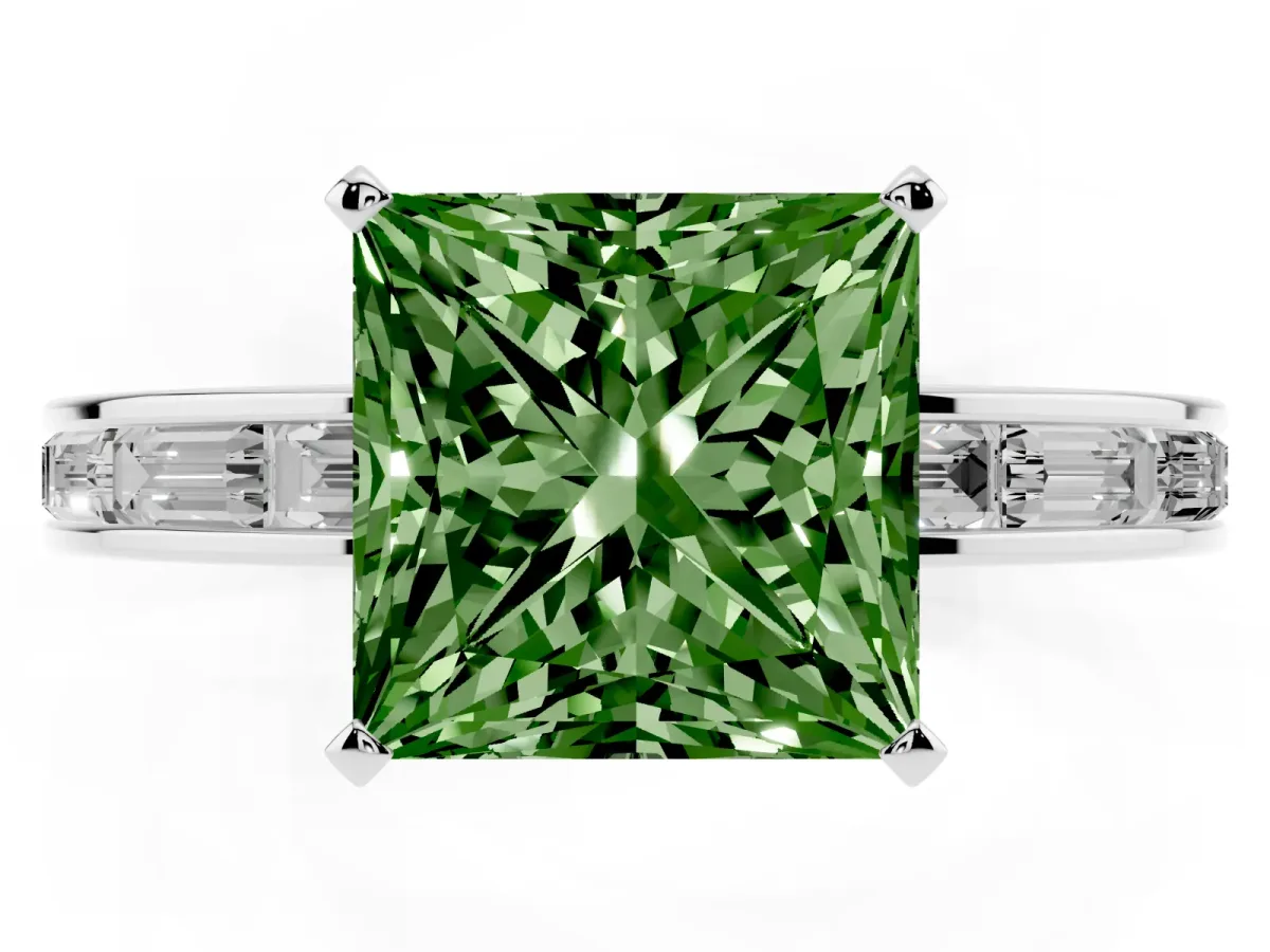 Fancy Green Princess Cut Solitaire Diamond Ring with Channel-Set Baguette Band and Four-Prong Setting Platinum