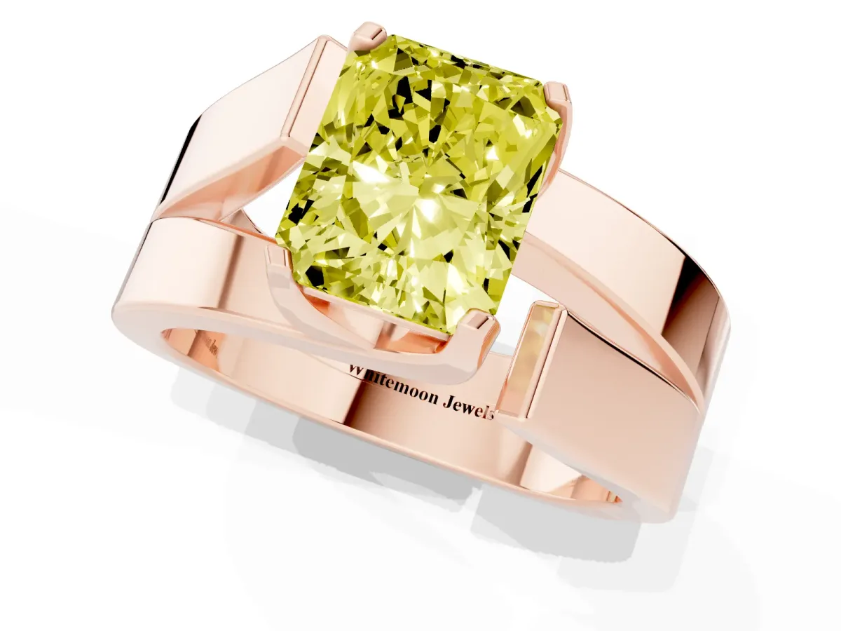 Fancy Yellow Modern Tension Set Radiant Cut Diamond Solitaire Wide Band Ring Rose gold