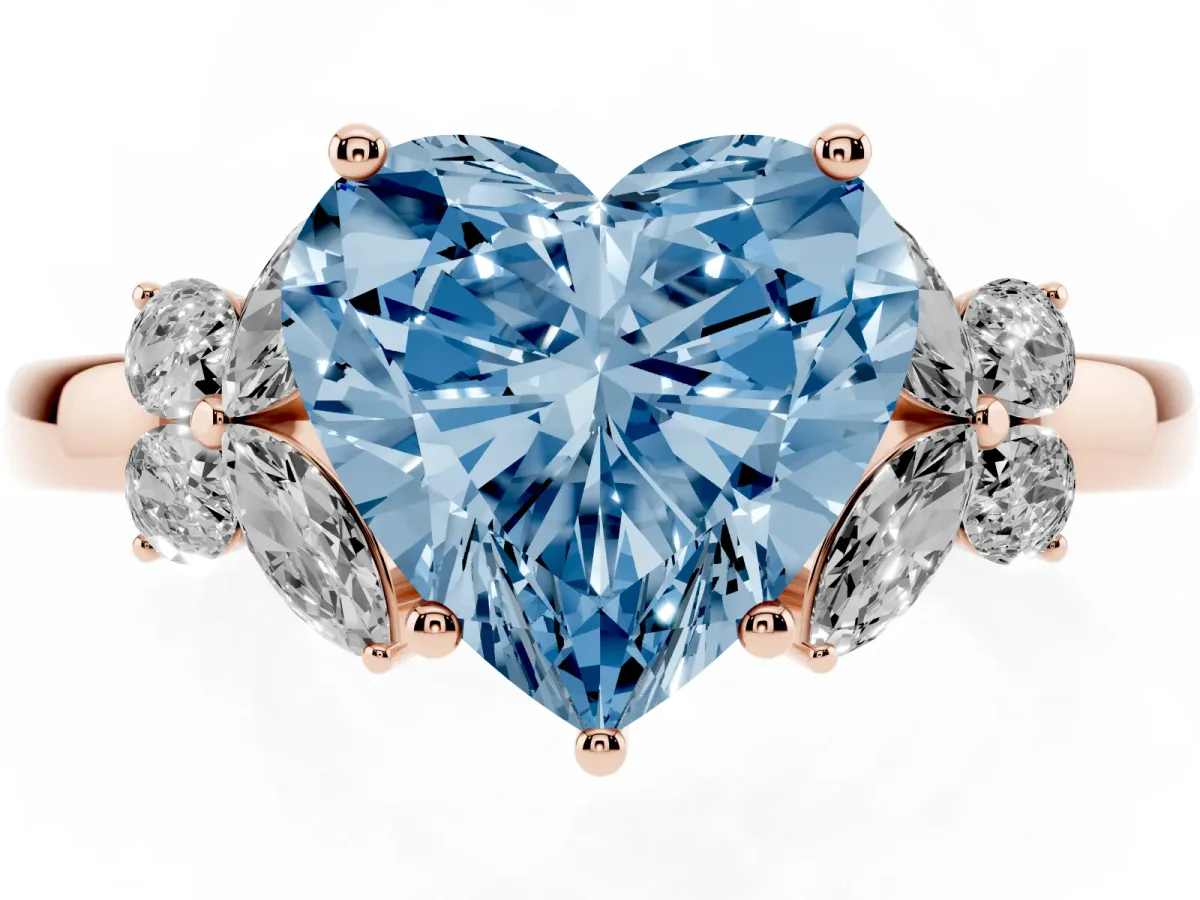 Fancy Blue Heart Cut Cut Solitaire Floral Diamond Ring with Four-Prong Setting Rose gold