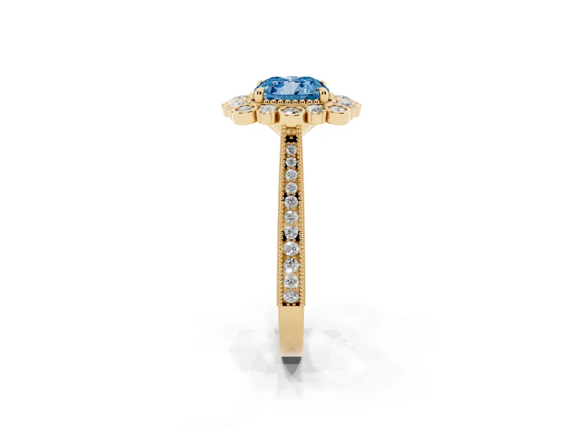Fancy Blue Cushion Cut Halo Milgrain Pave Diamond Ring with Four-Prong Setting Yellow gold